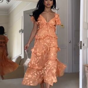 ASOS floral sleeve tiered maxi dress with cut out & elastic back in peach size 4